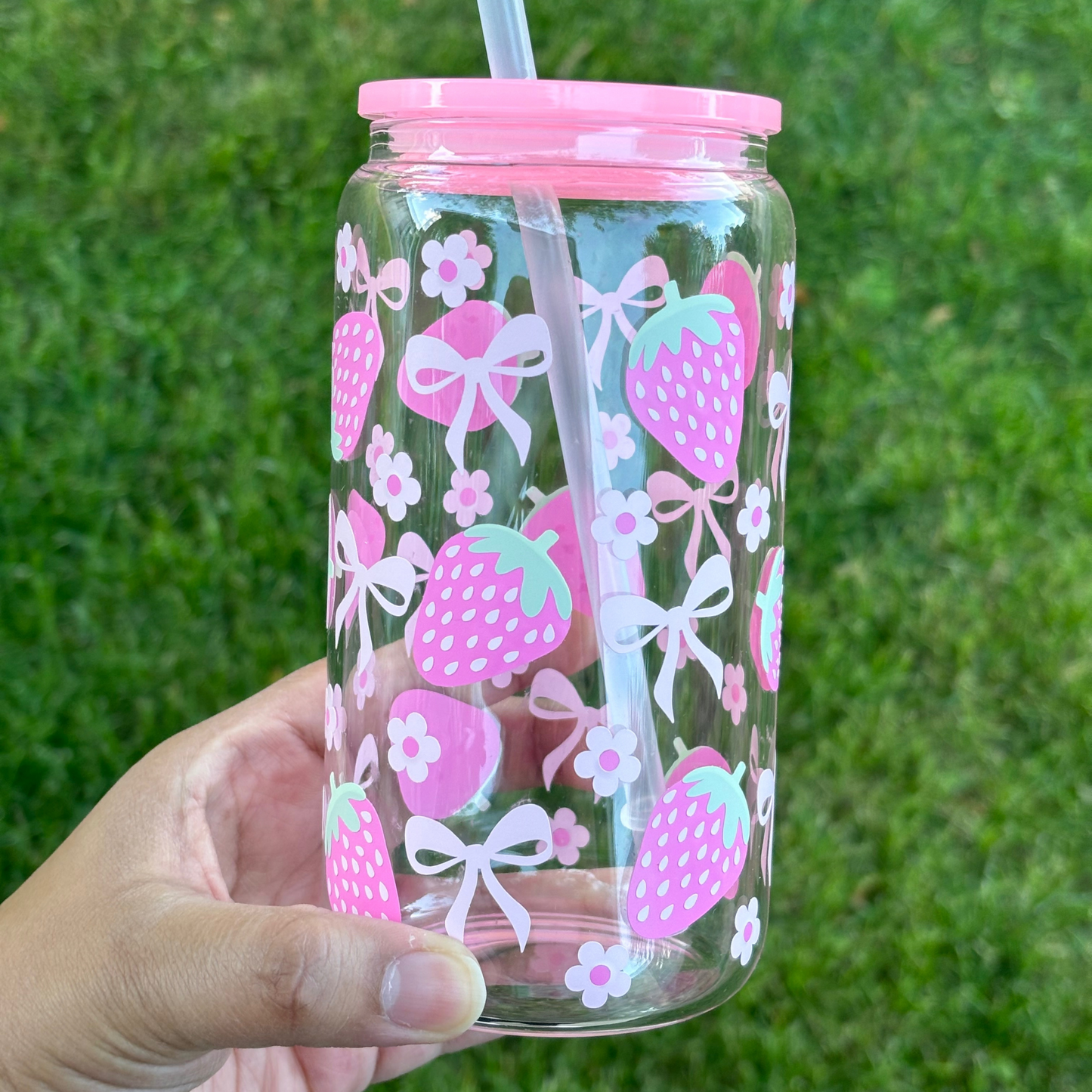 Pink Strawberry Bow 16 oz Glass Can