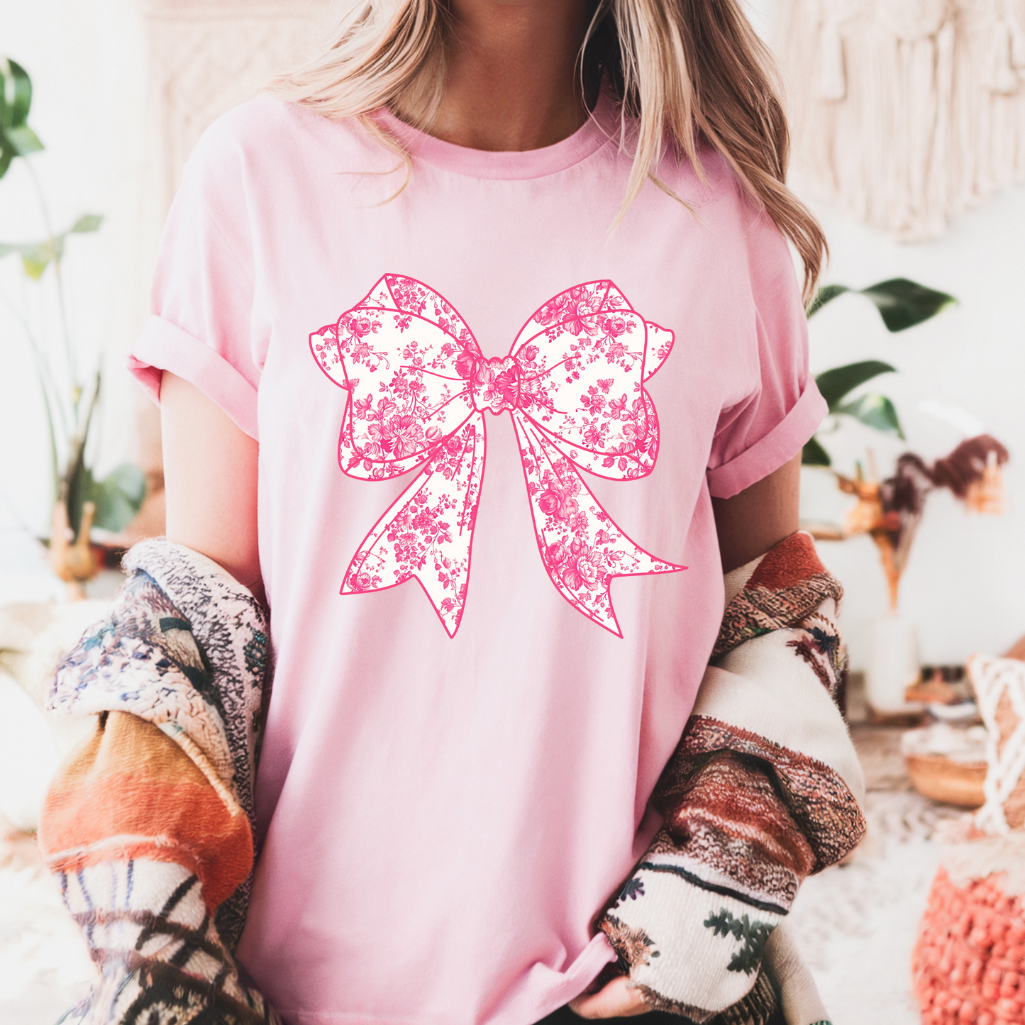 Pink Floral Bow Comfort Colors T-shirt