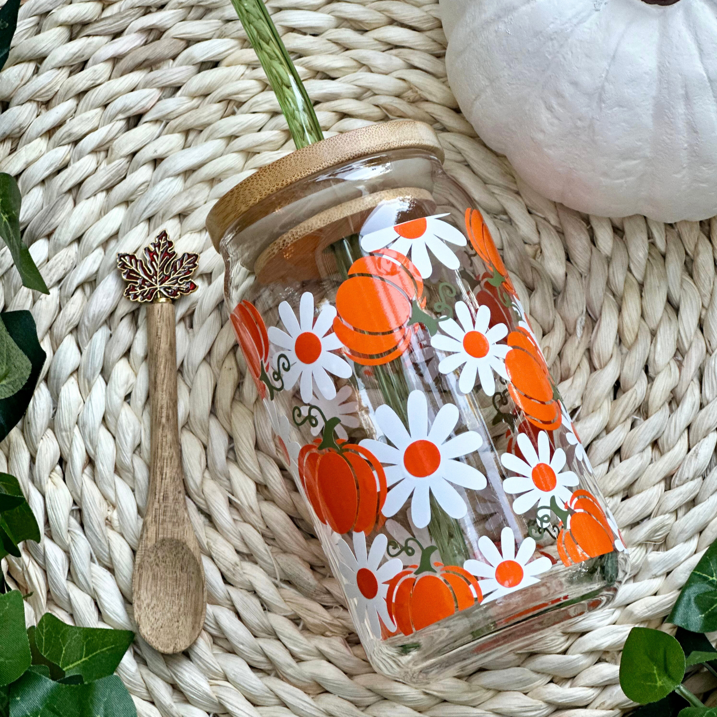 Pumpkin and Daisy Glass Cup