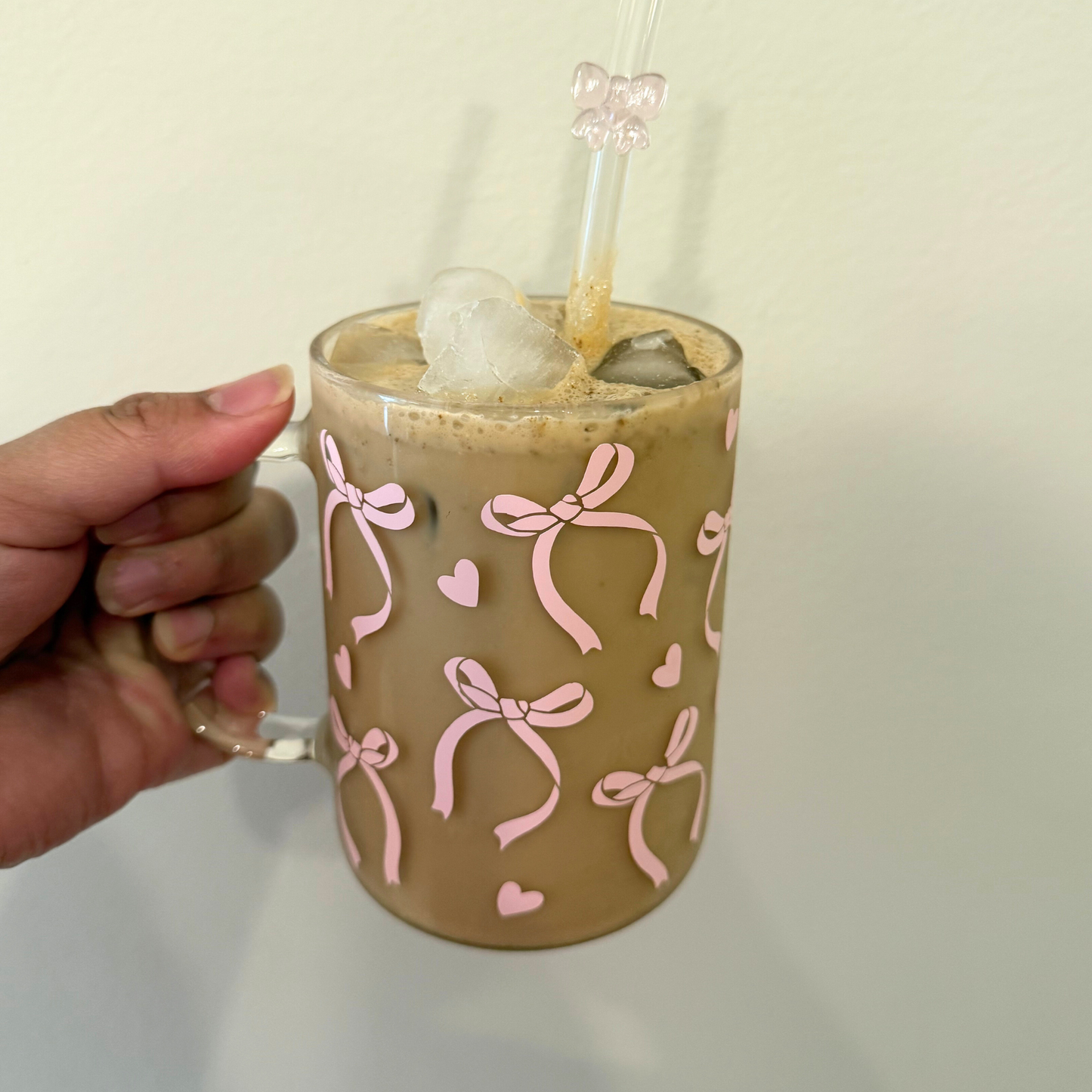 Pink bow glass mug 15oz