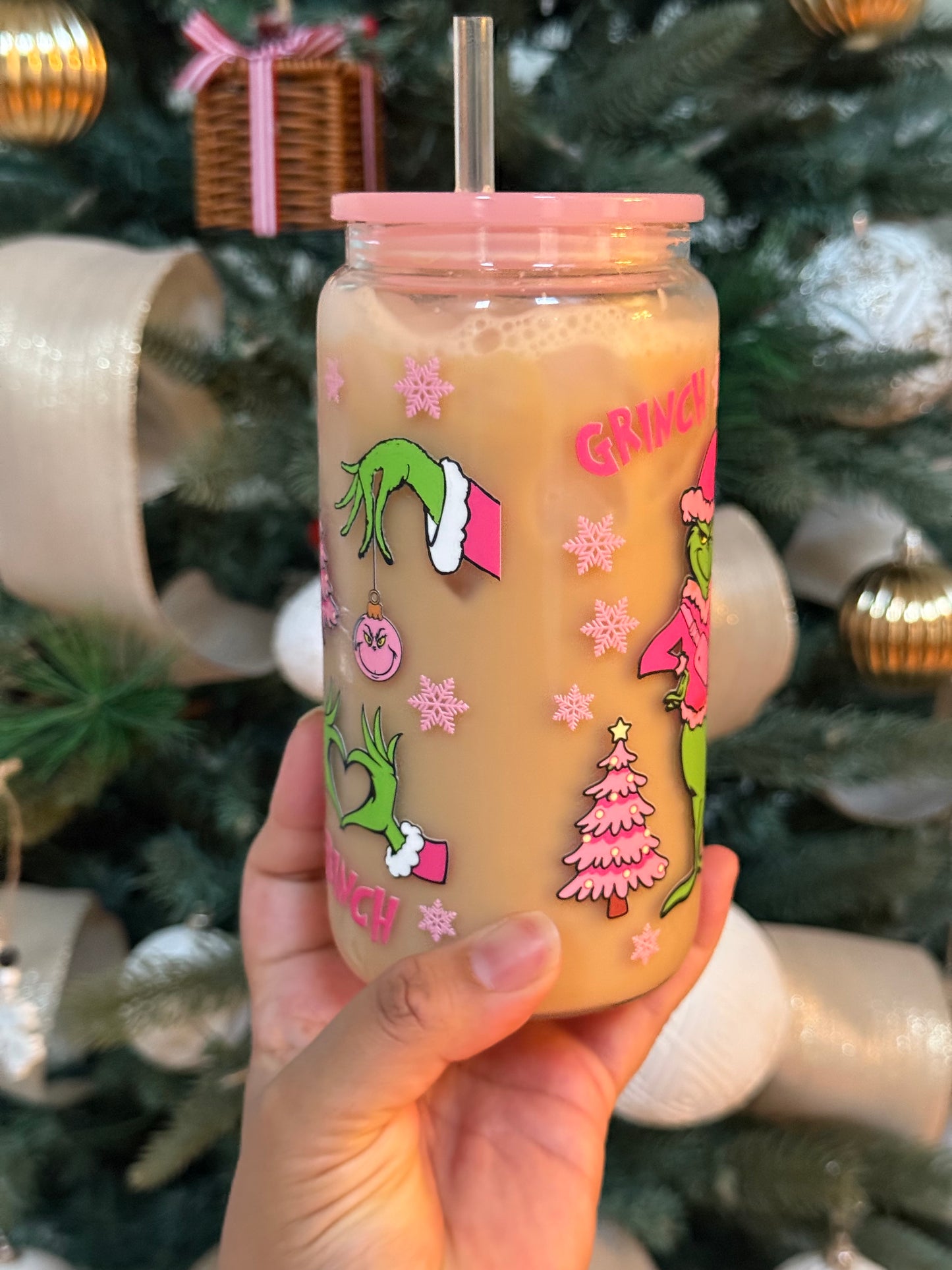 Pink Grinchmas glass Can