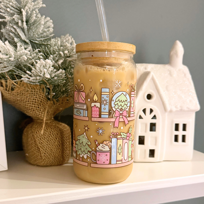 Cozy Christmas Bookshelf Glass Cup