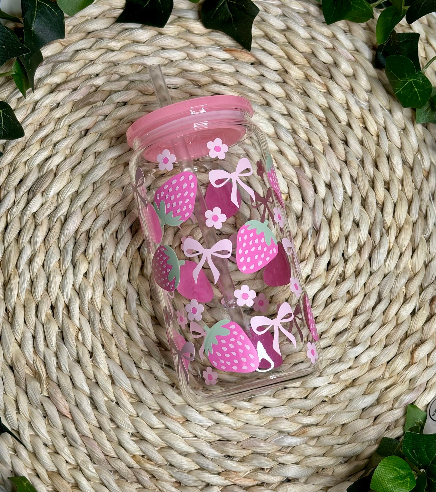 Pink Strawberry Bow Glass Can