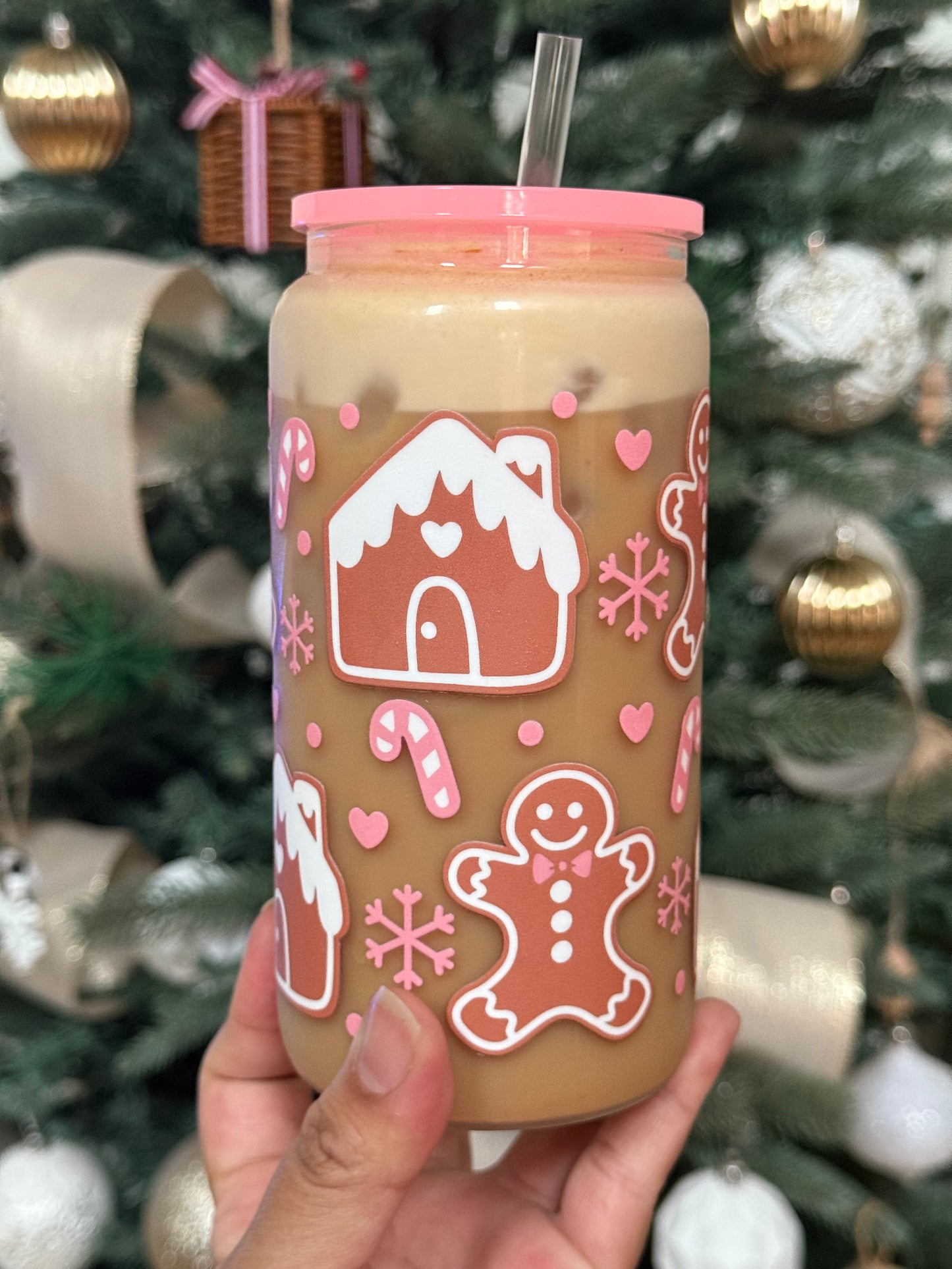 Pink Gingerbread Glass Can