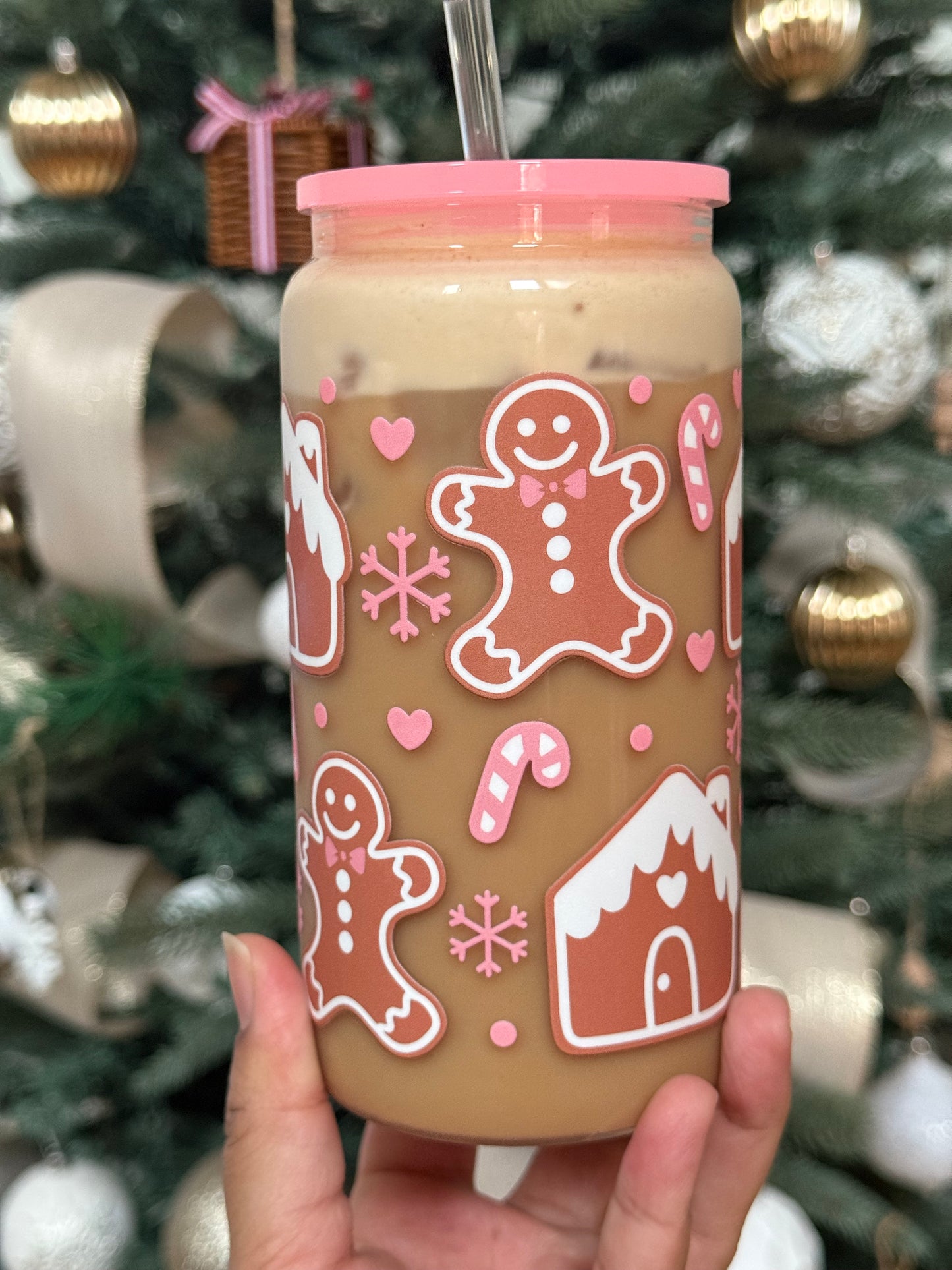 Pink Gingerbread Glass Can