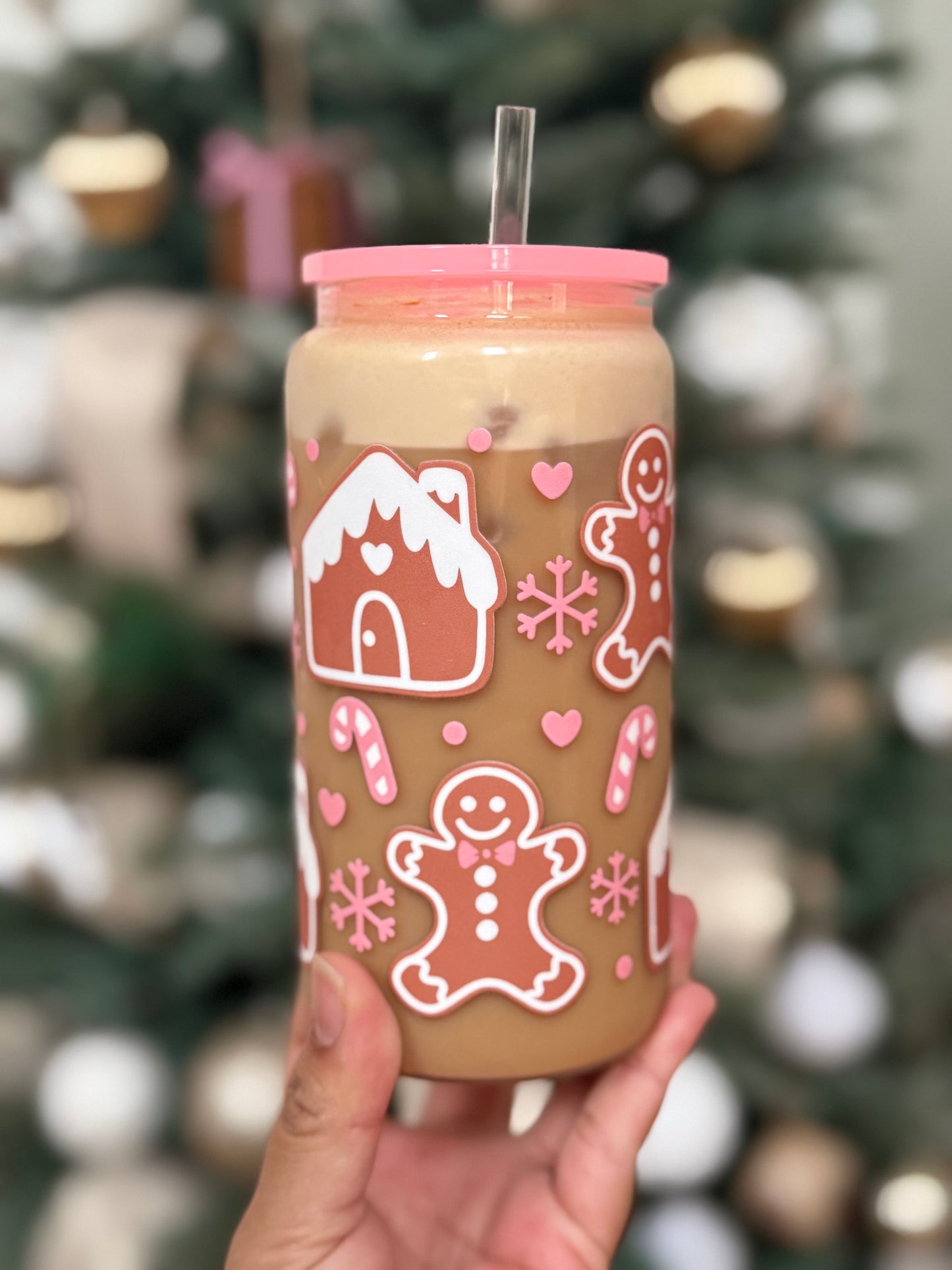 Pink Gingerbread Glass Can