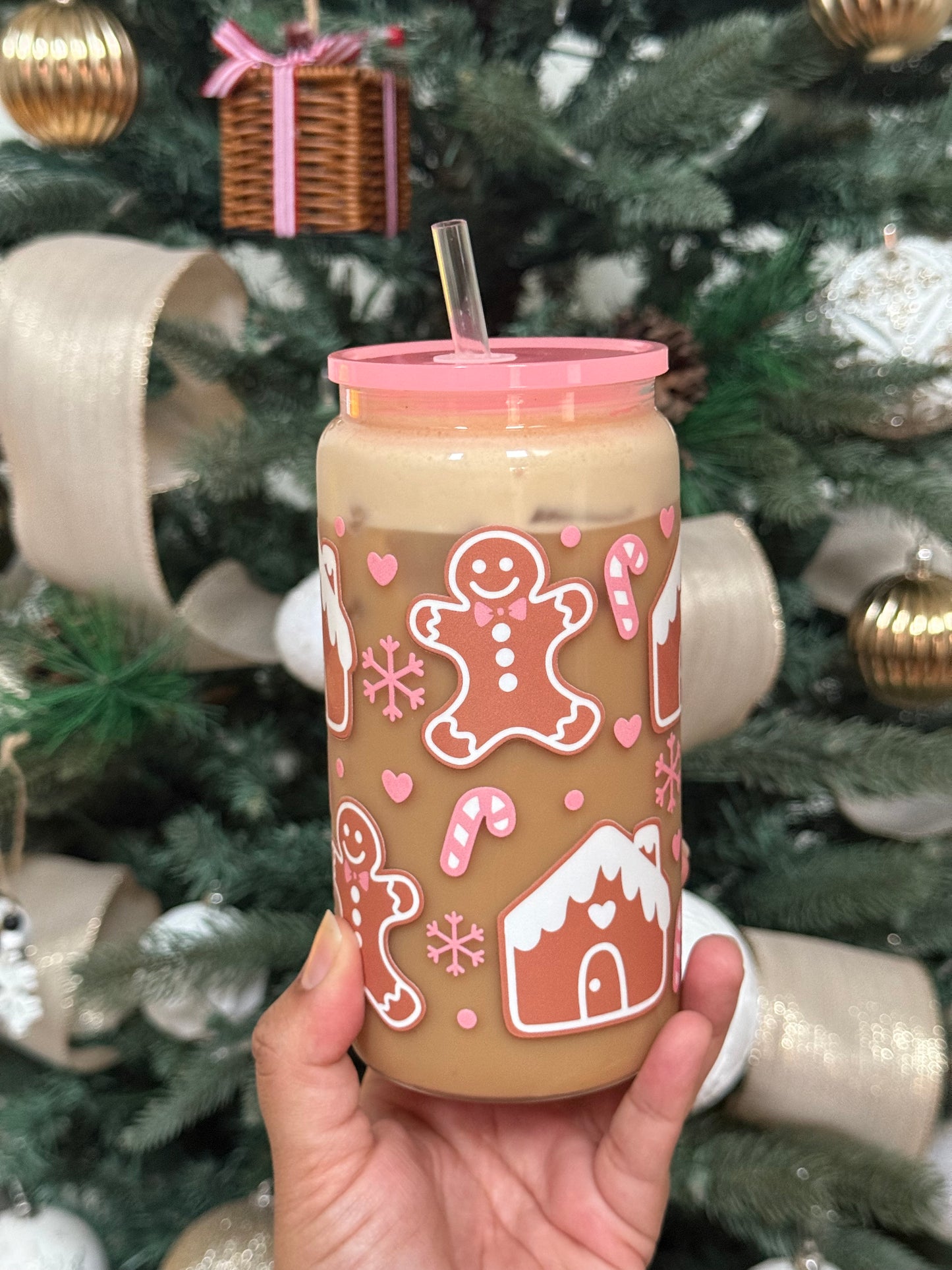 Pink Gingerbread Glass Can