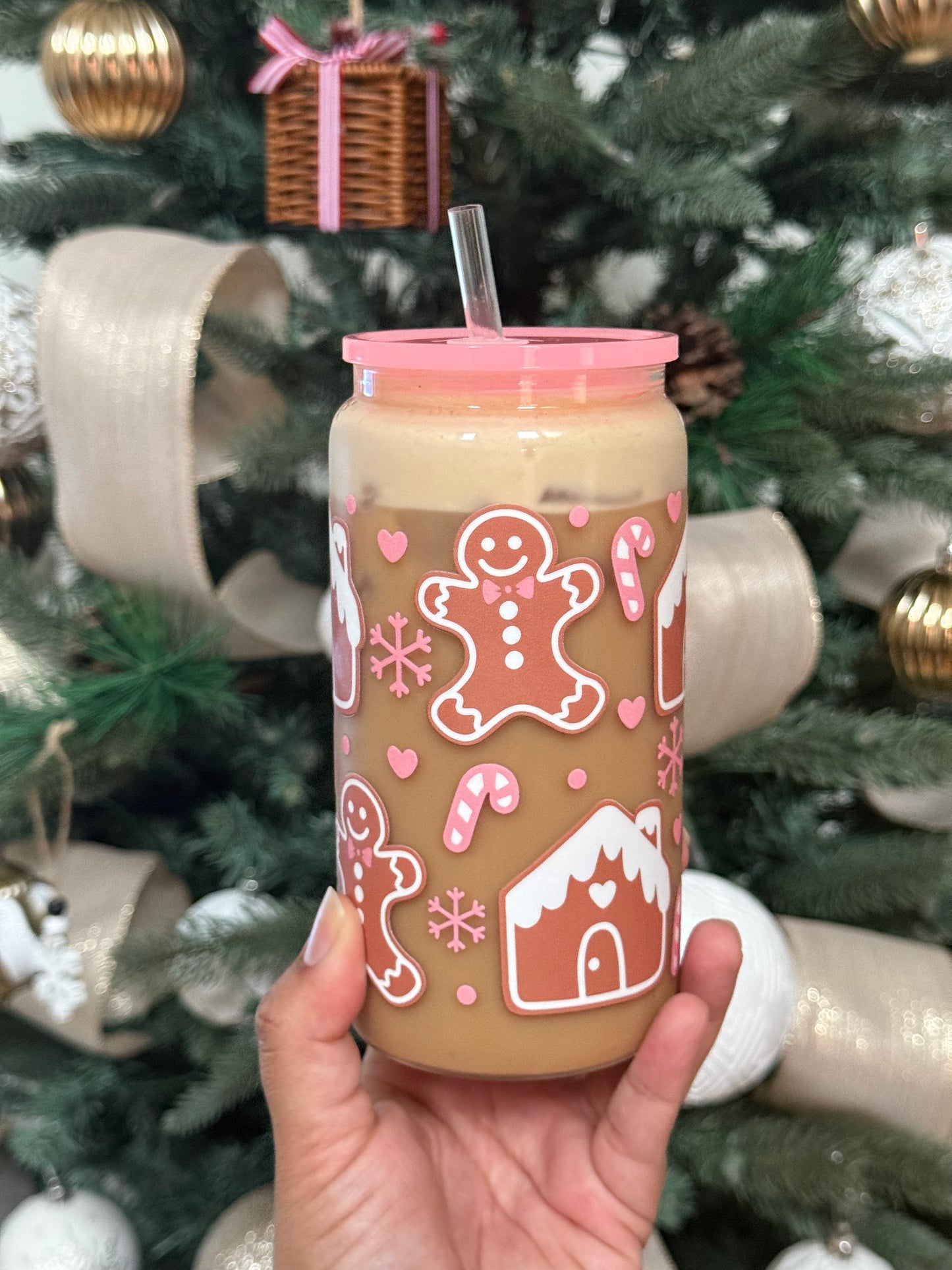 Pink Gingerbread Glass Can