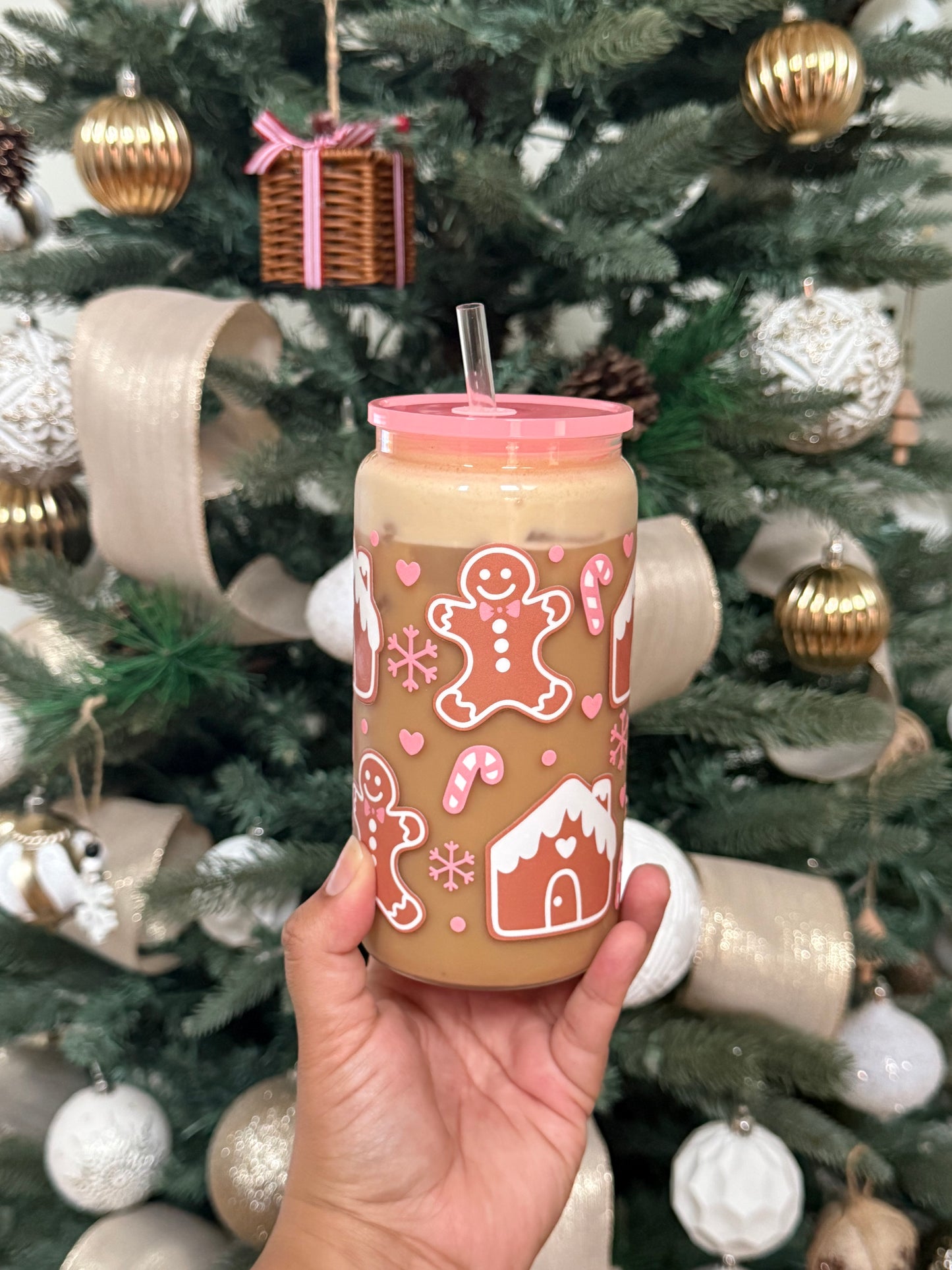 Pink Gingerbread Glass Can