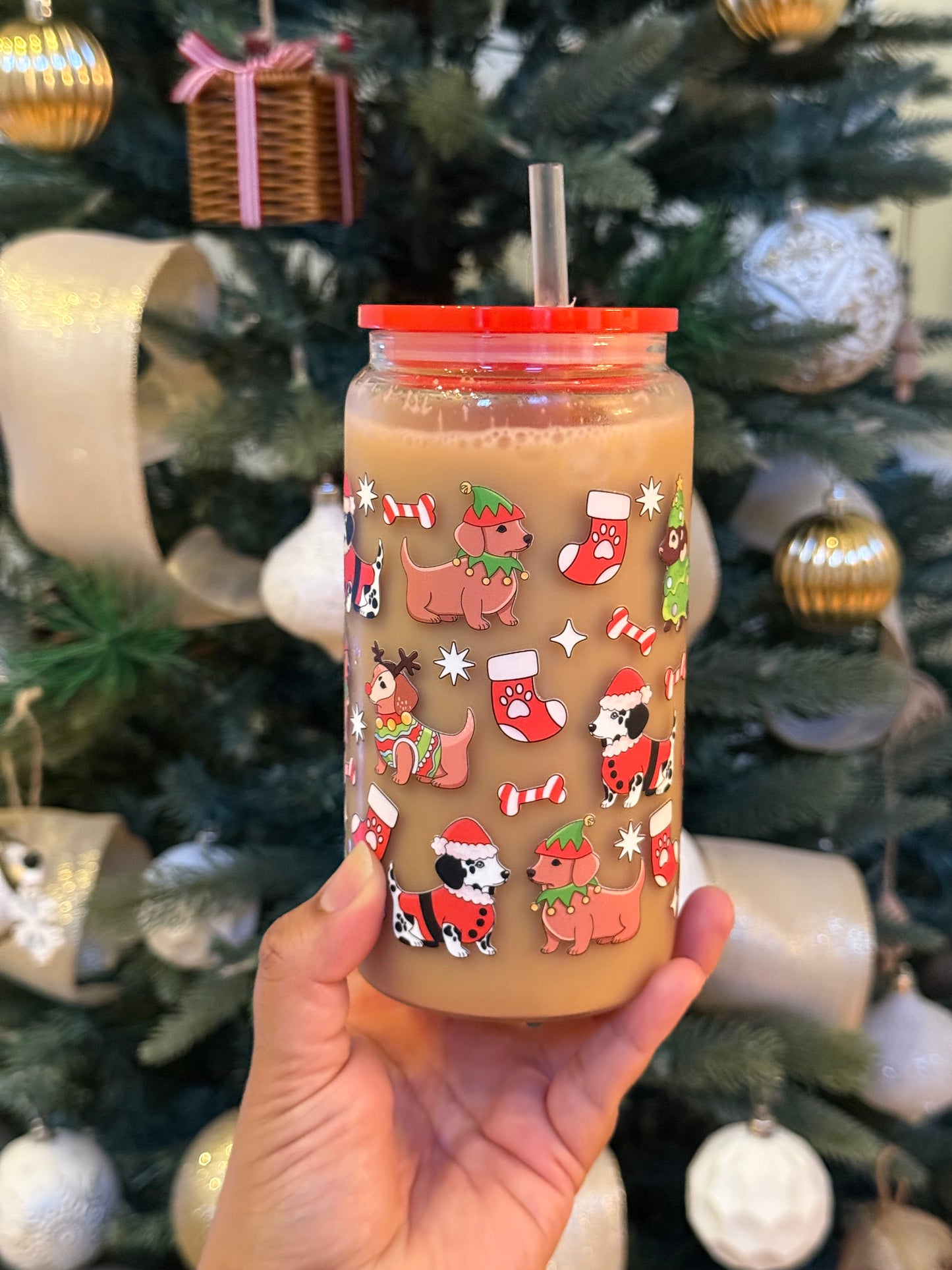 Christmas Dogs Glass Can