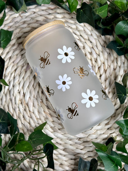 Honey Bee Daisy Glass Can