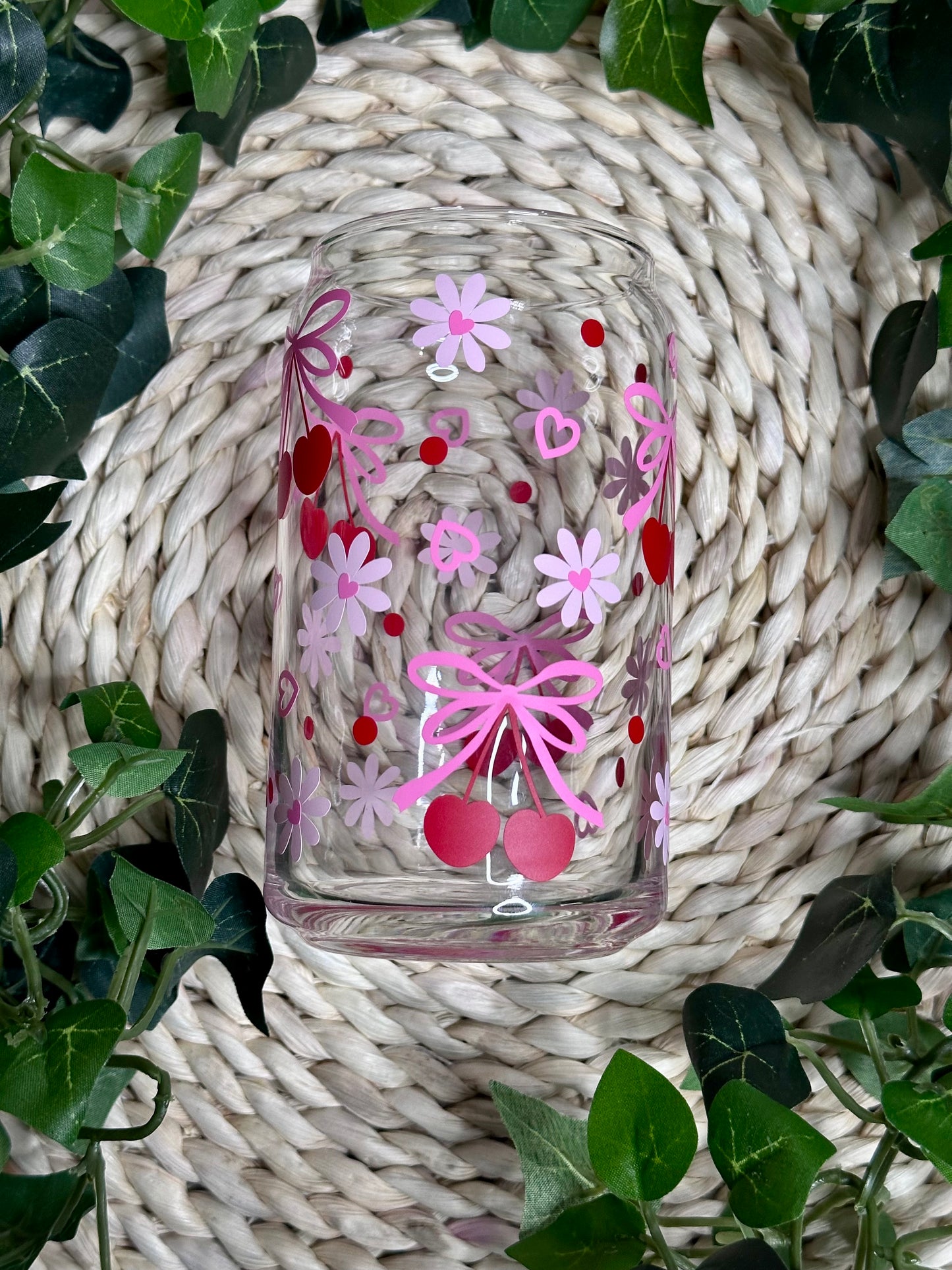 Cherry Coquette Bows Glass Can