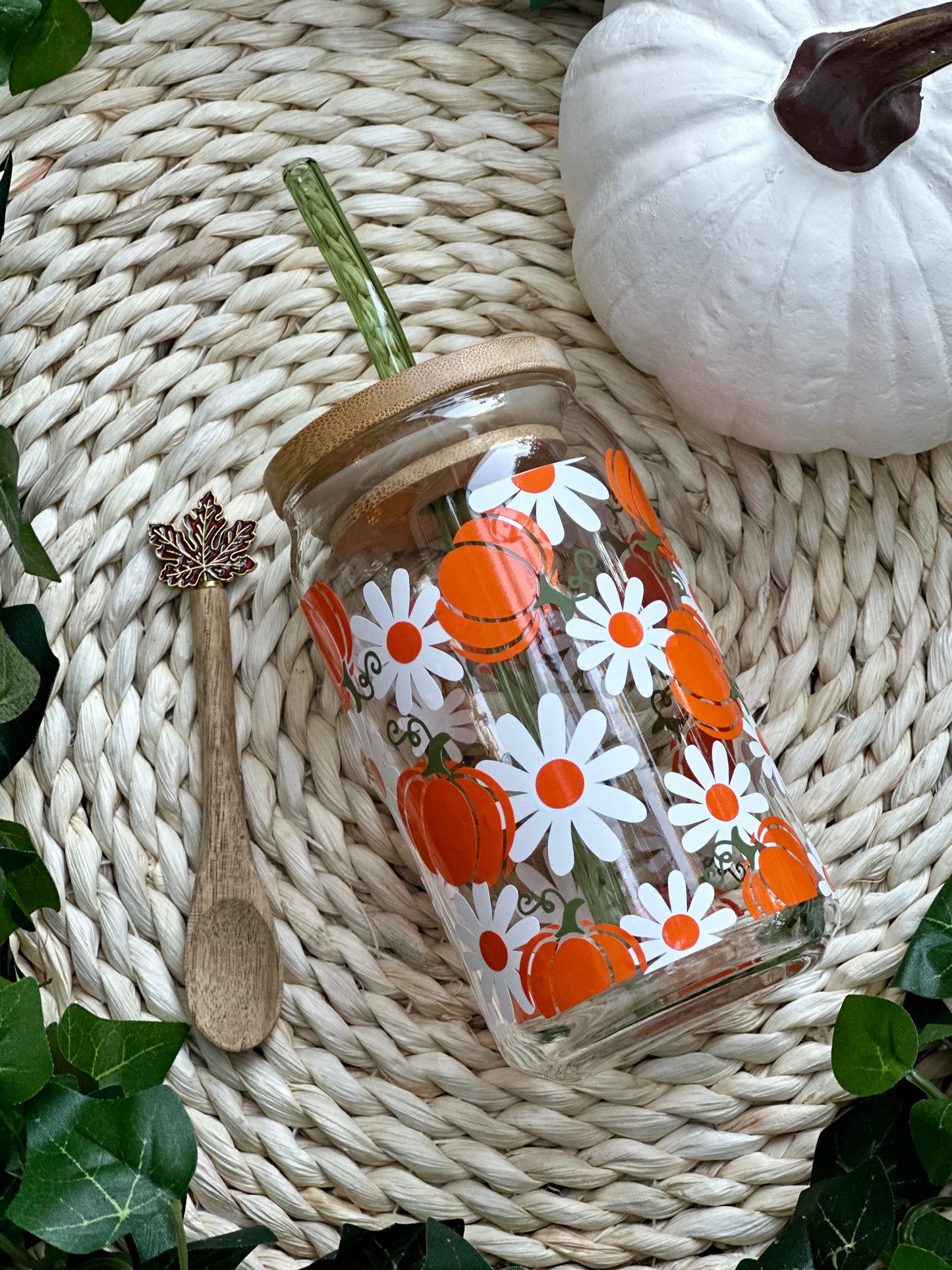 Pumpkin Daisy Glass Can