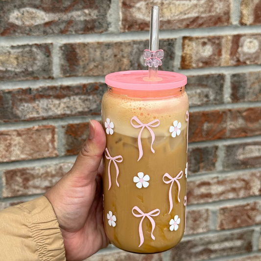 Pink Daisy Bows 16oz Glass Cup