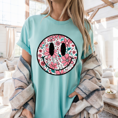 Retro Floral Happy Face Comfort Colors T-shirt