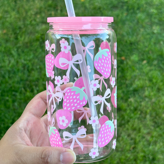 Pink Strawberry Bow 16 oz Glass Can