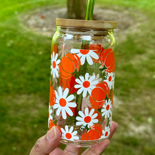 Pumpkin and Daisy Glass Cup