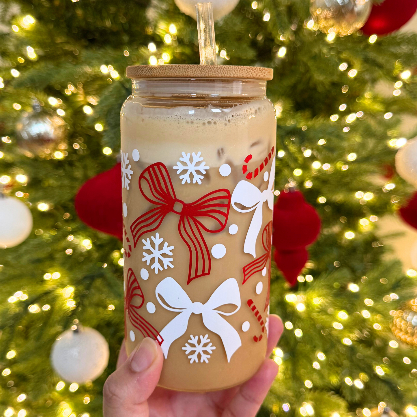 Christmas Bows & Canes Glass Cup